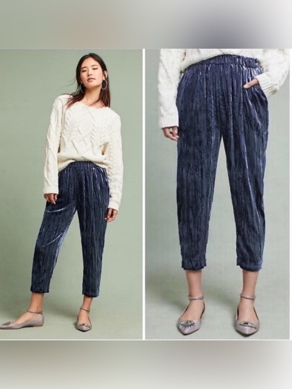Anthropologie Crushed Velvet Cropped Pants - Navy Blue
